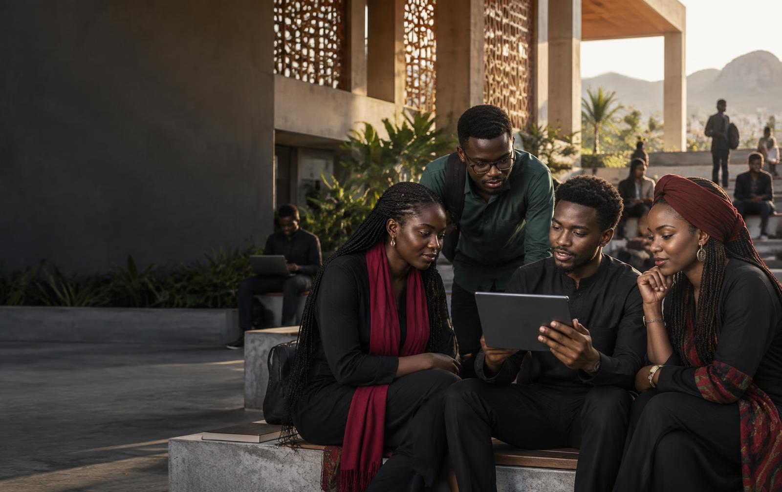African scholars collaborating in a contemporary learning environment