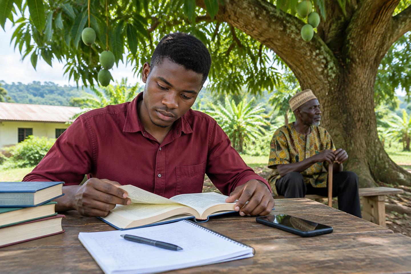 Illustrative scene of Simon studying beneath a mango tree