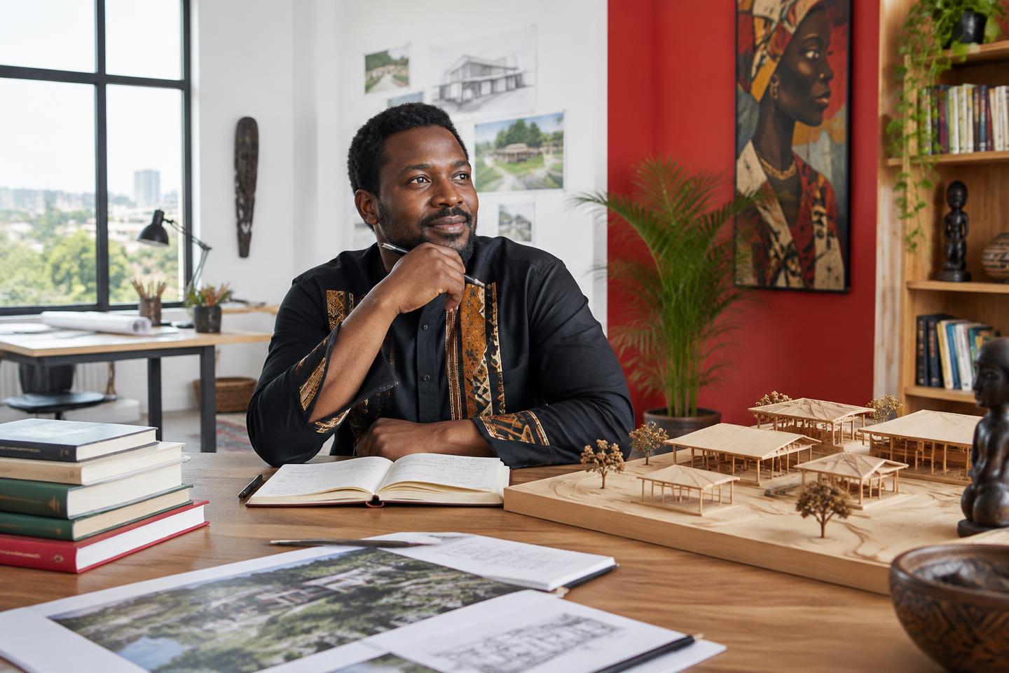 Illustrative scene of an author considering the architecture of ideas